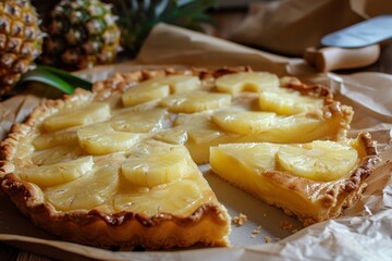 Pineapple pie on paper with spatula