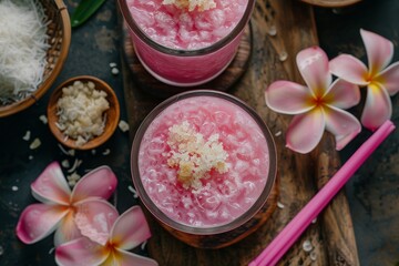 Pink dawet Javanese drink with rice flour ice sugar coconut milk sweet and savory Top view