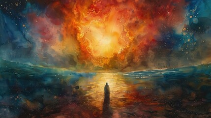 A transformative watercolor rendition of Jesus Christ's second coming, his return to Earth bringing judgment and renewal. - obrazy, fototapety, plakaty