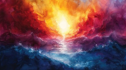 A transformative watercolor rendition of Jesus Christ's second coming, his return to Earth bringing judgment and renewal. - obrazy, fototapety, plakaty