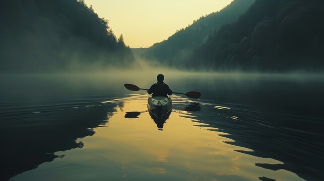 A man paddles a kayak on a lake at dusk. The water is calm and the sky is a mix of orange and purple. The scene is peaceful and serene, with the man enjoying the beauty of nature