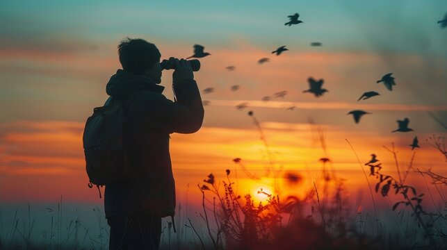 A man is looking through a telescope at a flock of birds flying in the sky. The birds are scattered in the sky, with some flying close to the ground and others soaring higher up