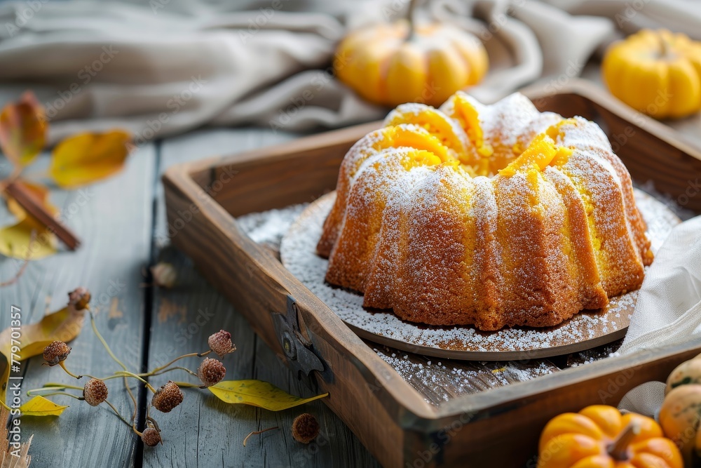 Poster pumpkin pound cake on wooden tray with white background