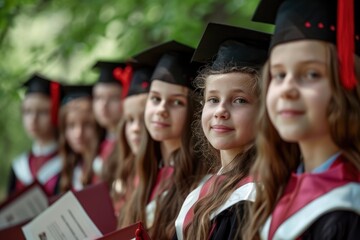 Group of girls in caps and gowns with diplomas outside. generative ai