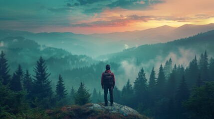 Obraz premium A man stands on a mountain top, looking out over a forest. The sky is a mix of blue and orange, creating a serene and peaceful atmosphere. The man is wearing a red backpack