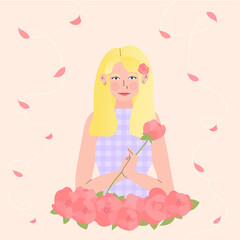 Blonde with peonies, postcard for March 8th in vector with gradient