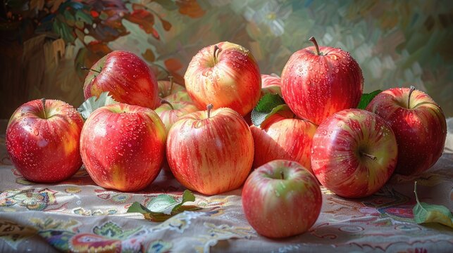 A vibrant still life of juicy red apples on a tablecloth, bathed in warm sunlight, captured in oil paints.