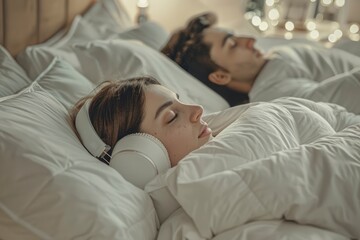 Young couple in bed wearing headphones, sleeping peacefully with gentle light. generative ai