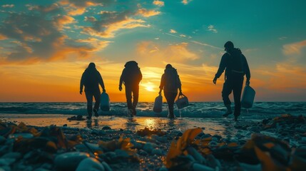 A group of people are walking on the beach at sunset. The sky is a mix of blue and orange, creating a warm and peaceful atmosphere. The people are carrying backpacks and handbags - obrazy, fototapety, plakaty