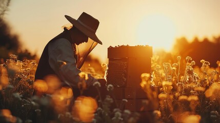 A man in a straw hat is working in a field of flowers. The sun is setting, casting a warm glow over the scene