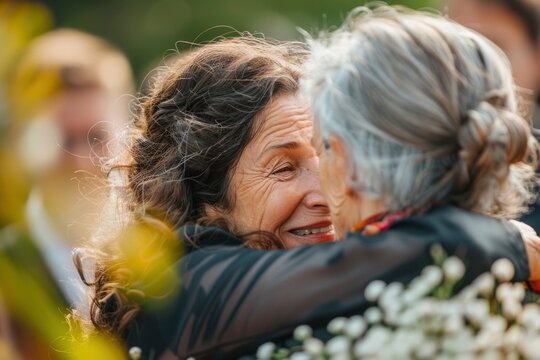 Senior mother and adult daughter hugging with happiness at an outdoor gathering. generative ai