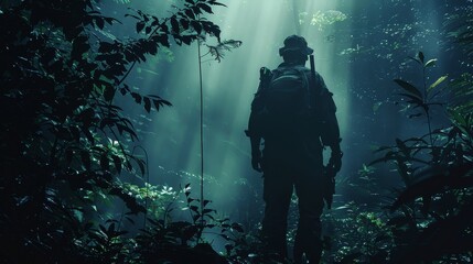 A man in a military uniform stands in a forest with trees and bushes. The image has a dark and mysterious mood, with the man's silhouette against the trees and the shadows cast by the sunlight