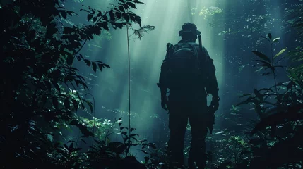 Foto op Plexiglas A man in a military uniform stands in a forest with trees and bushes. The image has a dark and mysterious mood, with the man's silhouette against the trees and the shadows cast by the sunlight © Rattanathip