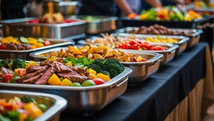 An inviting buffet setup with an assortment of gourmet food including carved meats, fresh vegetables and rich desserts - obrazy, fototapety, plakaty