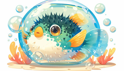 Fototapeta na wymiar Quirky pufferfish with watercolor bubbles, clipart, aquatic dreamer, isolated
