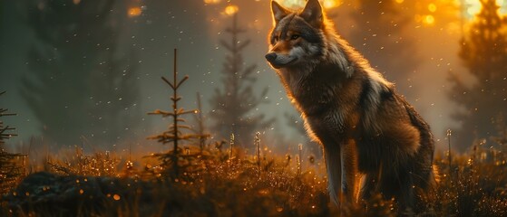 The eerie image of a wolf's silhouette in a moonlit forest. Concept Wildlife Photography, Nighttime Scenes, Atmospheric Landscapes, Animal Silhouettes, Moonlit Atmosphere