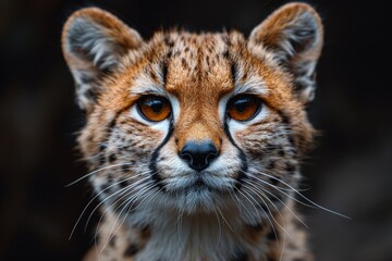 Obraz premium Image shows the upper part of a tiger's head with a focus on ears and fur details, set against a dark background