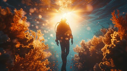 A man is swimming in the ocean with a scuba diving suit. The water is clear and the sun is shining brightly - obrazy, fototapety, plakaty