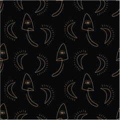 Magic moon mushrooms silhouette seamless pattern. Boho mystic celestial witch fungi. Psychedelic black-gold vector illustration isolated on black background. Mystic line tiny bohemian 60s hippie art - 779701945