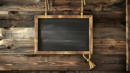 Empty chalkboard on wooden wall with warm ambiance - Ai generated