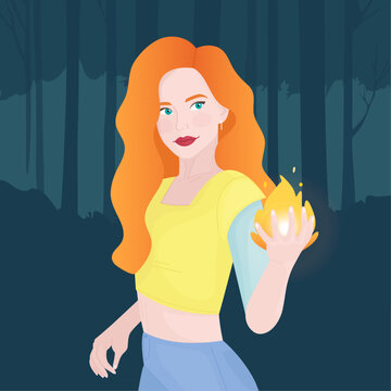 Beautiful redhead modern Bloom from Winx with fire in her hand in a vector with a gradient