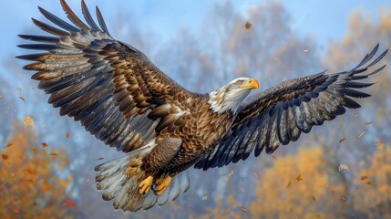 A majestic bald eagle soaring through a clear blue sky, its feathers rendered in a meticulous oil painting style.