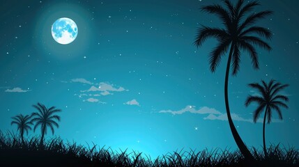 Fototapeta na wymiar Idyllic Moonlit Tropical Landscape with Silhouetted Palm Trees on Horizon