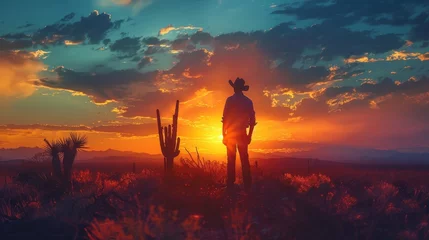 Gordijnen A man in a cowboy hat stands in a field of tall grass, watching the sun set. The sky is filled with clouds, creating a moody atmosphere © Rattanathip