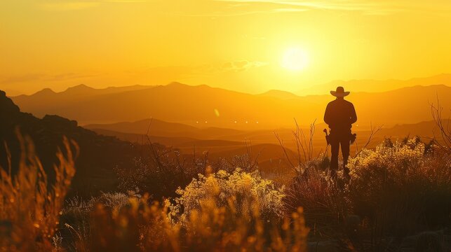 A man in a cowboy hat stands in a field of yellow grass, looking out at the sun