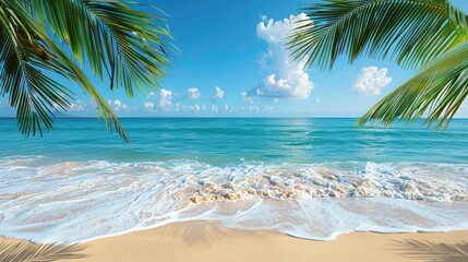 Breathtaking Tropical Beach Landscape with Swaying Palm Trees and Turquoise Ocean Waves