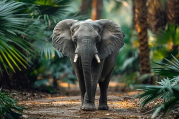 Foto op Aluminium A stunning image capturing the grace of a full-grown elephant standing amidst a dense forest, showcasing its majestic tusks and large ears © Larisa AI