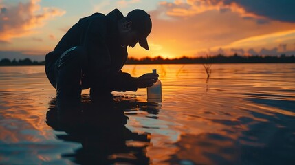 A man is kneeling in the water, holding a bottle. The water is calm and the sky is orange - obrazy, fototapety, plakaty