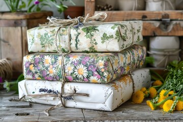 Vintage Floral Pattern Wrapped Gift Boxes Tied with Twine on Rustic Wooden Background with Fresh Flowers