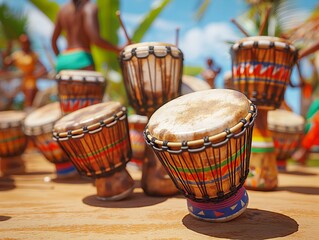 A group of drums are displayed on a table. The drums are of various sizes and colors, and they are arranged in a way that creates a sense of harmony and unity