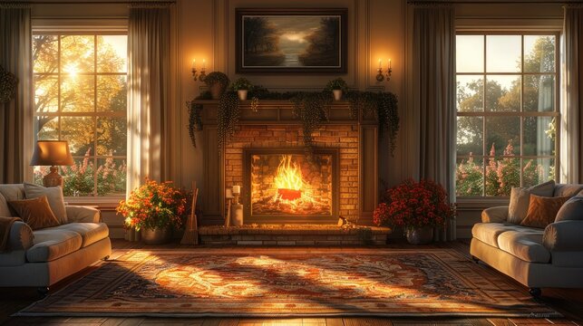 A cozy living room with a crackling fireplace, the warm and inviting atmosphere captured with soft and blended oil paints.