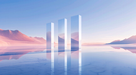 Dawn over desert with reflective glass columns. Serene landscape with mirrored monoliths