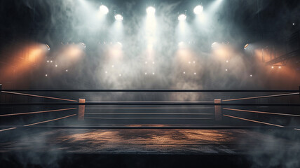 A captivating photograph of an empty professional boxing ring surrounded by intense spotlights