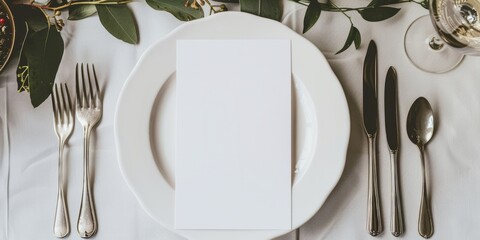 fine dining table setting of luxury fancy restaurant menu invitation card mockup for weddings and romantic eating event decoration as wide banner with empty black copy space 