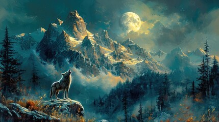 A lone wolf howling at the moon on a snow-capped mountain peak, the solitude and beauty captured with expressive oil brushwork. - obrazy, fototapety, plakaty