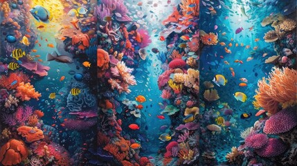 A vibrant coral reef teeming with colorful fish and marine life, a breathtaking underwater world brought to life with detailed oil techniques. - obrazy, fototapety, plakaty