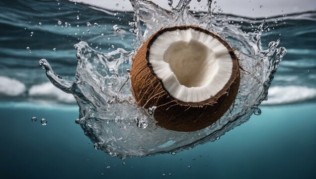 The image captures a fresh coconut breaking apart with a dynamic splash of water against a teal backdrop