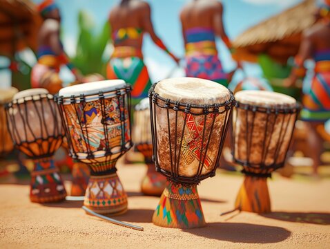 A group of drums are on a sandy surface. The drums are of different sizes and colors. The scene is lively and energetic, with people playing the drums and dancing