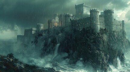 A majestic castle perched on a cliff overlooking a stormy sea, the drama and power conveyed with dramatic oil strokes. - obrazy, fototapety, plakaty