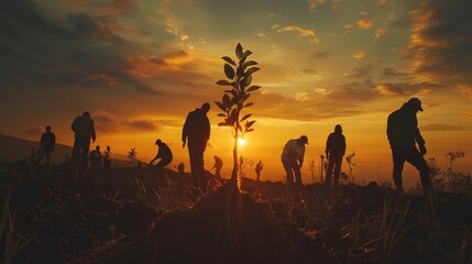 A group of people are working together to plant a tree. The sun is setting in the background, casting a warm glow over the scene. The people are scattered around the area