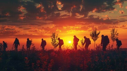 Fototapeta premium A group of people are walking in a field at sunset. The sky is filled with clouds and the sun is setting