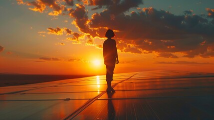 A woman stands on a rooftop at sunset, looking out over the ocean. The sky is filled with clouds, and the sun is setting in the distance. The scene is peaceful and serene