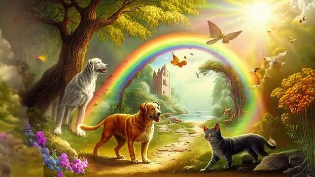 An idyllic pet paradise, teeming with playmates and filled with rainbow-hued bridges, ethereal clouds, and cheerful sunshine. Dogs and cats are enjoying life after death in their heavenly paradise.