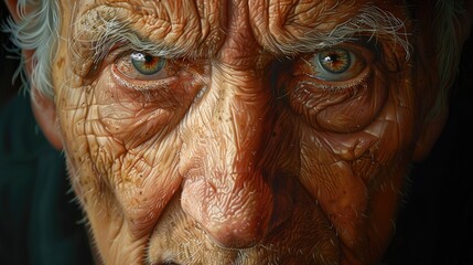 A close-up of an old man's face, his wrinkles and character lines etched with detailed oil techniques.