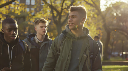 Photograph of diverse ethnicity group of attractive young men walking in a park . Model photography.