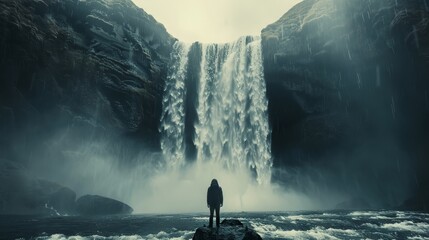 A man stands in front of a waterfall, looking out at the water. The scene is serene and peaceful, with the sound of the waterfall providing a calming background noise. The man is lost in thought